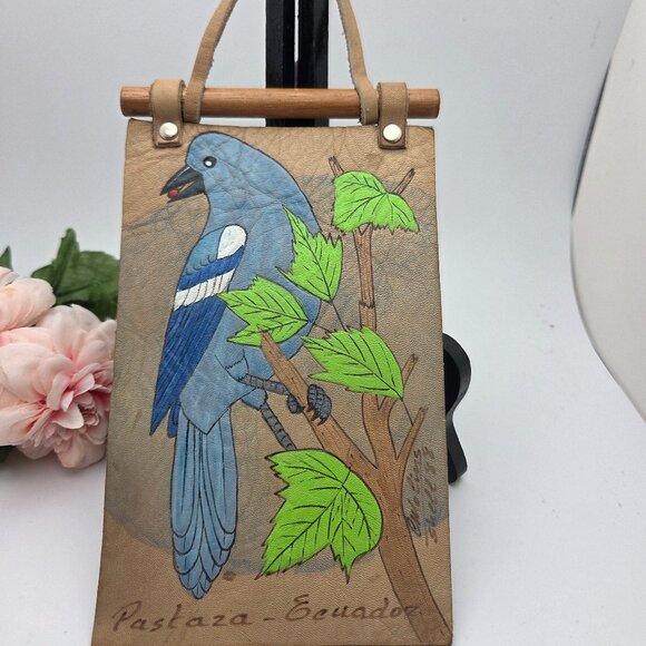 Vintage Hand Painted Blue Bird Wall Tapestry Hanging Art Suede Leather - Equador - Picture 1 of 11